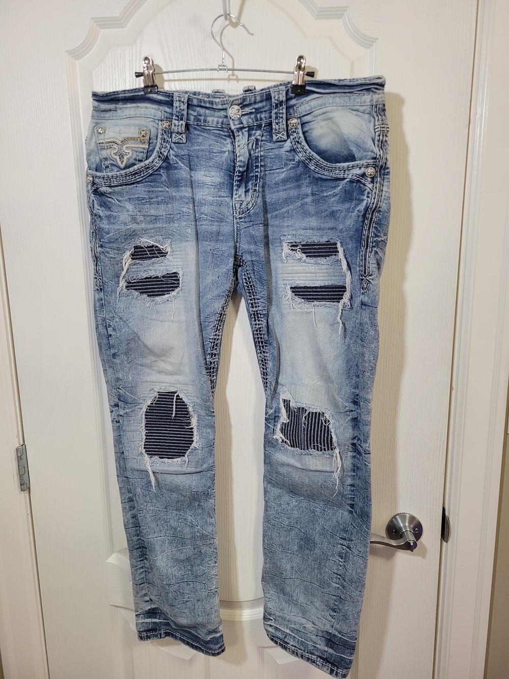 Rock Revival Neilly Straigh Distressed Jeans with Navy Stripe Underlays
